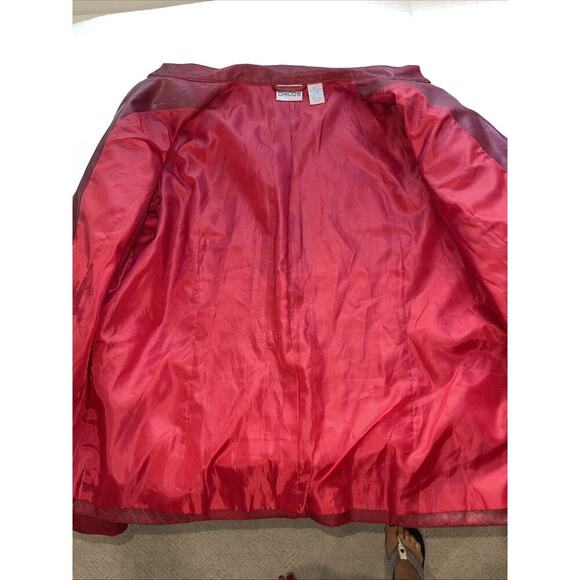 Chicos Sz L (2) Red Faux Full Zip Jacket Light Weight Pockets Lined Gold Holiday - Picture 5 of 8